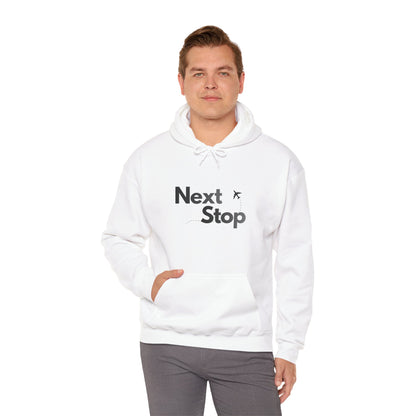Next Stop Hoodie — Minimal Travel Sweatshirt with Airplane Icon