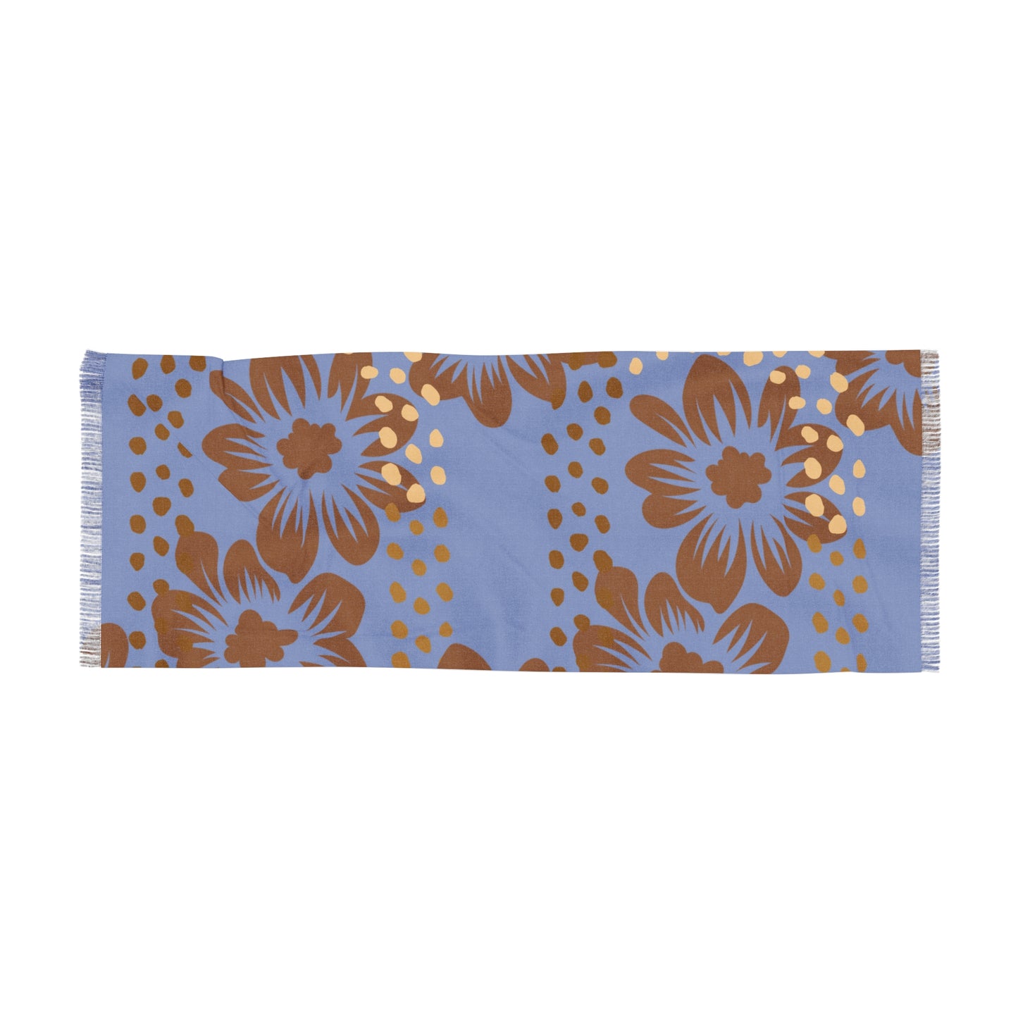 Floral Light  Blue & Tan Patterned Fringe Scarf with Gold Dot Accents