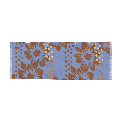 Floral Light  Blue & Tan Patterned Fringe Scarf with Gold Dot Accents