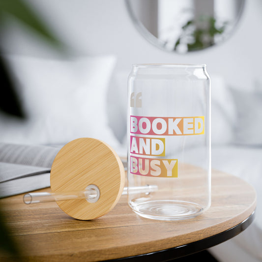 "Booked and Busy" Clear Drink Jar with Bamboo Lid & Reusable Straw