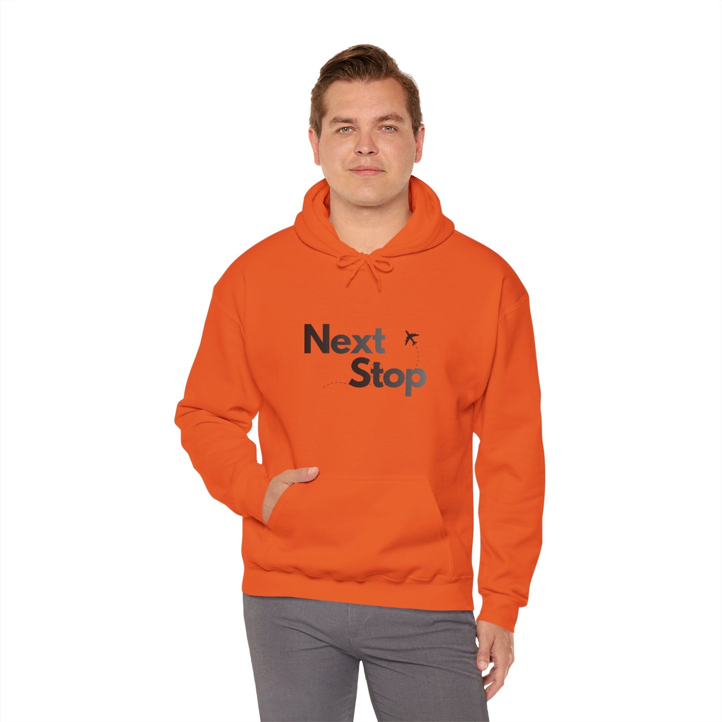 Next Stop Hoodie — Minimal Travel Sweatshirt with Airplane Icon