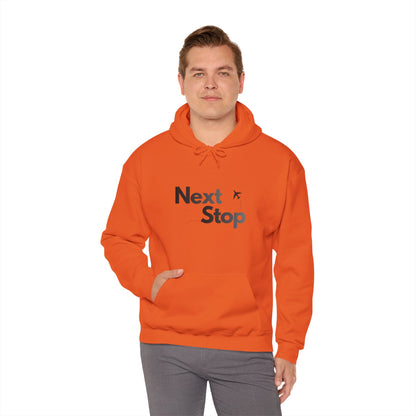 Next Stop Hoodie — Minimal Travel Sweatshirt with Airplane Icon