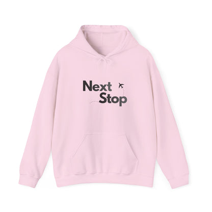 Next Stop Hoodie — Minimal Travel Sweatshirt with Airplane Icon