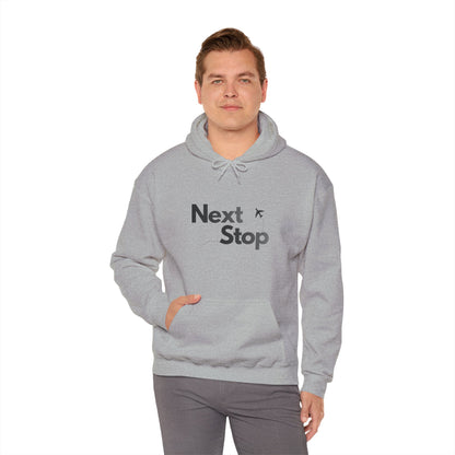 Next Stop Hoodie — Minimal Travel Sweatshirt with Airplane Icon