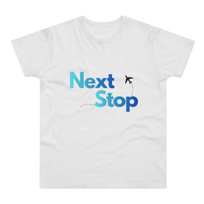 Next Stop Blue T-Shirt Plane Graphic Tee for Travelers & Vacationers